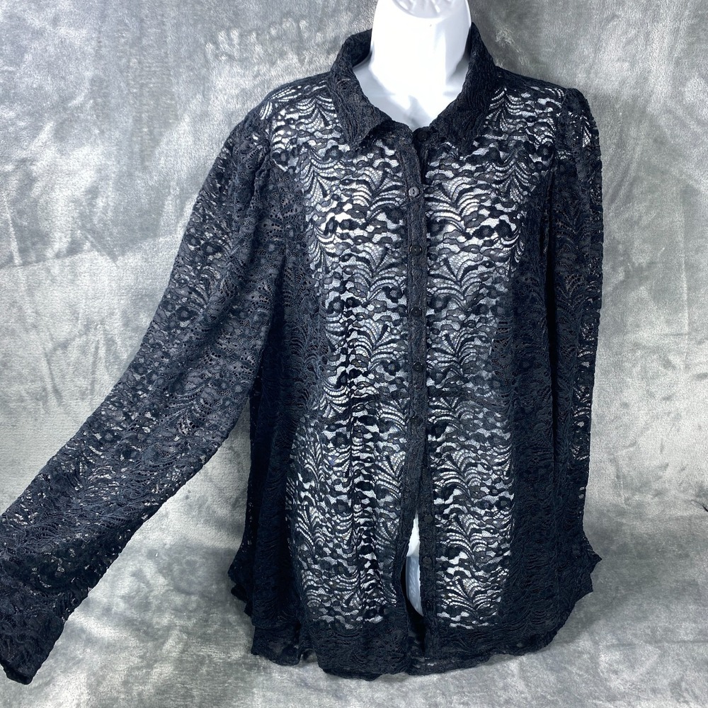 Torrid Women's Black Lace Button Up Blouse 1X Long Sleeve Sheer Gothic Romantic